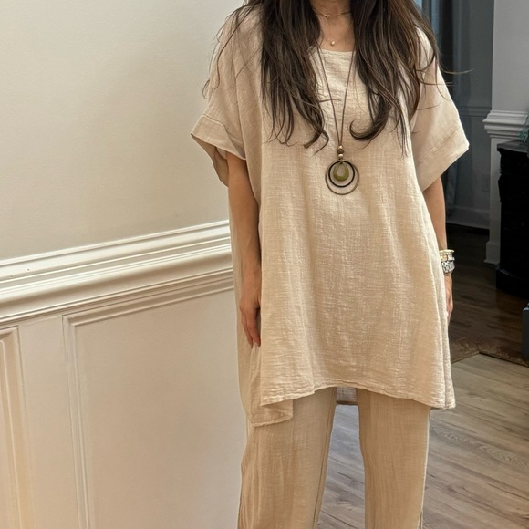 34 MADE IN ITALY COTTON LINEN LLONG TUNIC TOP WITH NECKLACE - Picture 8 of 8